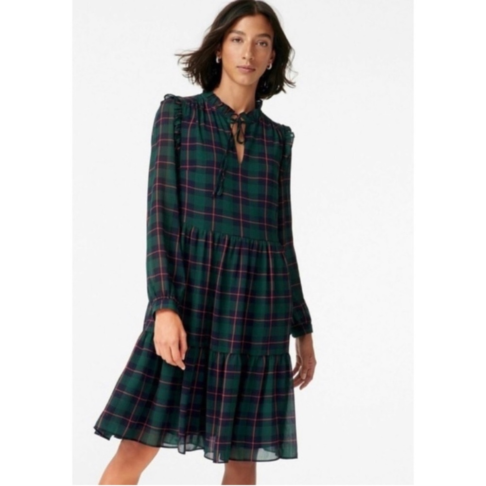 J. Crew Tie-neck tiered dress in Black Watch tartan-AT593 Size Medium